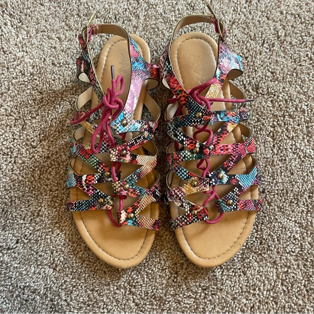 Nordstrom Anna Chelssi Pink Multicolor Snakeskin Lace-up Gladiator Sandal Sz 7.5